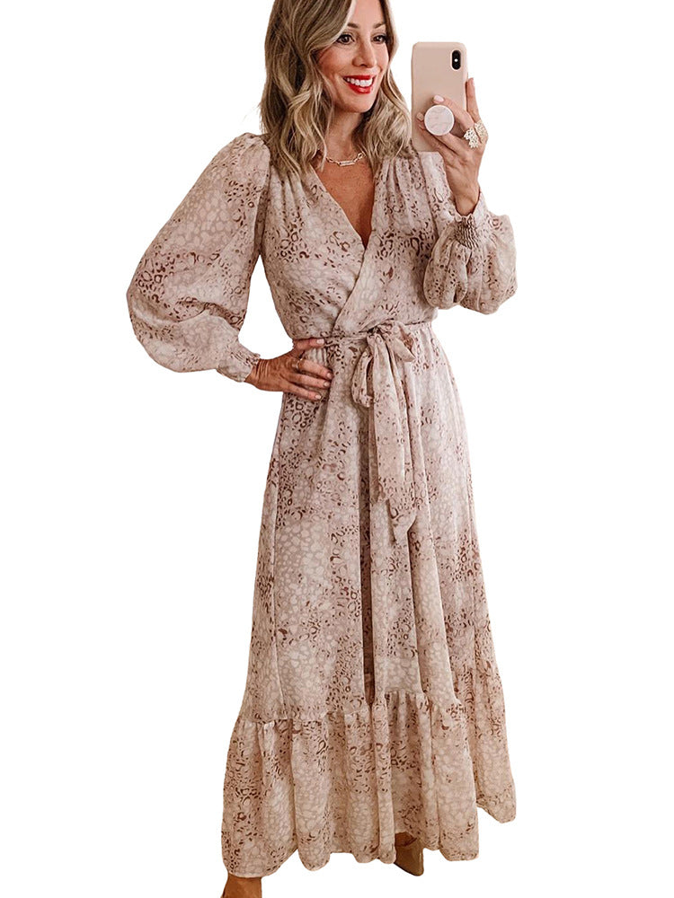 Leopard Print V Neck Long Sleeve Dress - O Retalho