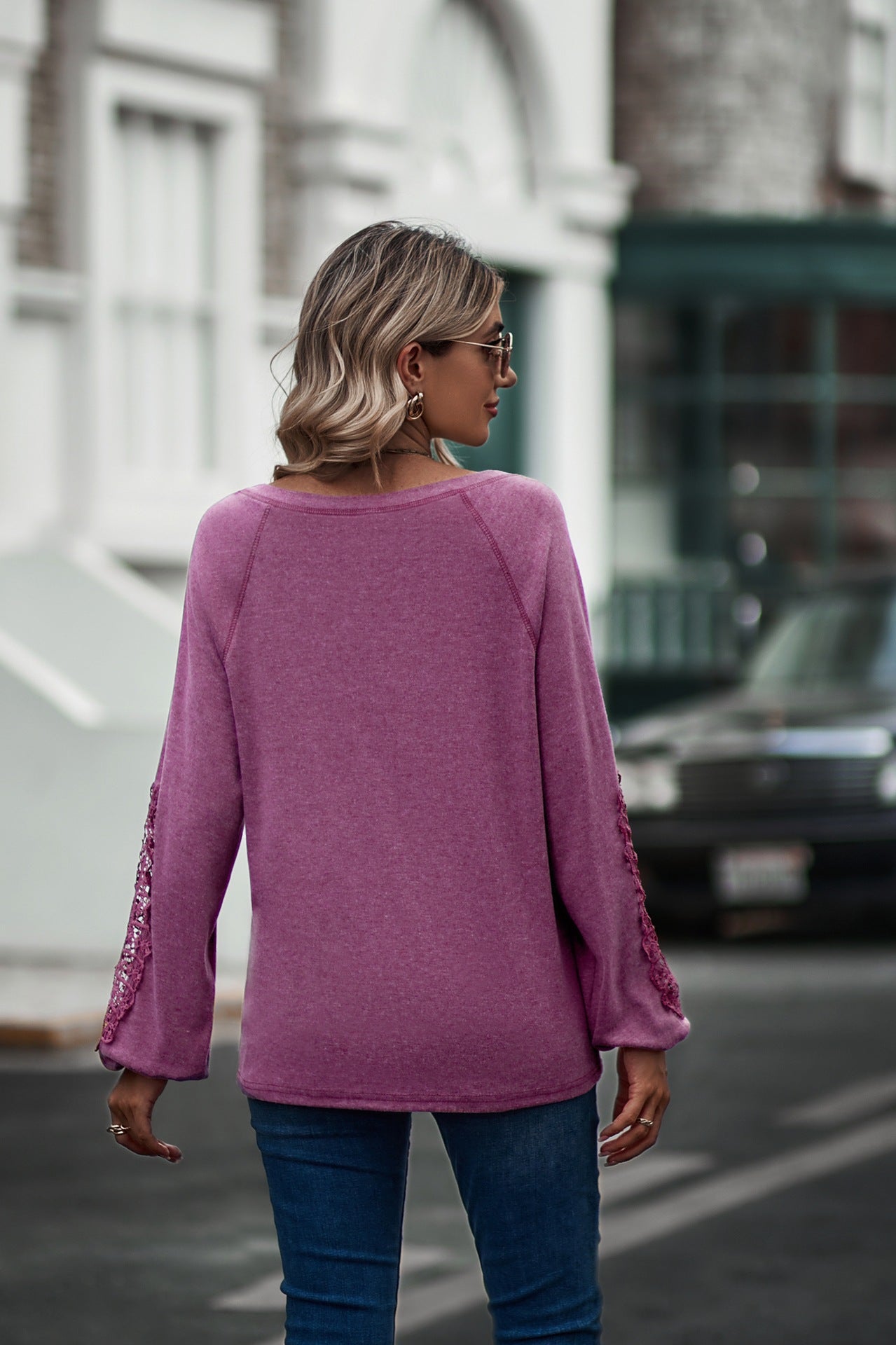 Loose Casual V-neck Lace Lace Long-sleeved - O Retalho