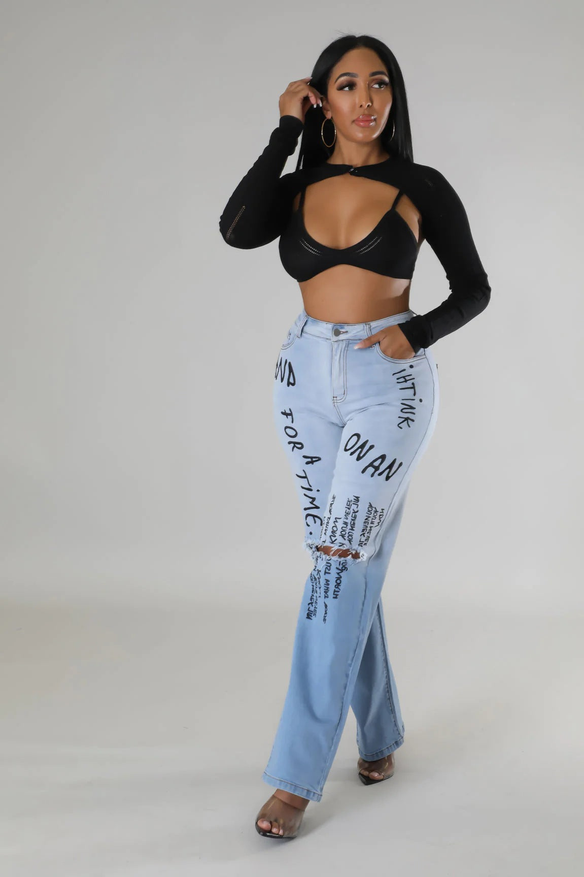 Calças Jeans com estampa de Cintura Alta Feminino - O Retalho