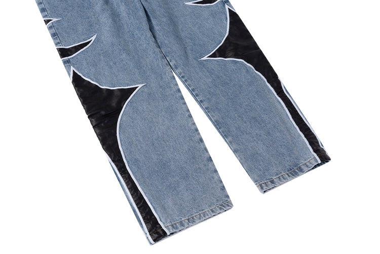 Calça Casual Solta de Couro com Patchwork e Cores Contrastantes de Marca Moderna - O Retalho