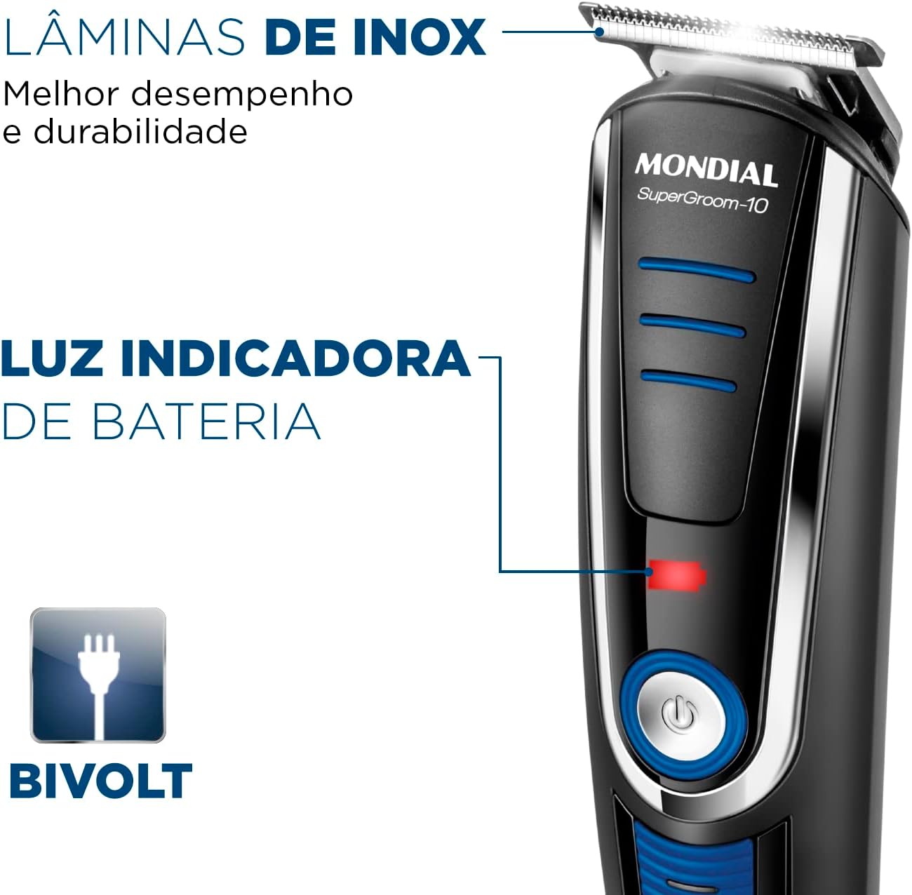 Aparador de Pelos Super Groom 10, Mondial, Preto/Azul, 6W, Bivolt - BG-03 - O Retalho