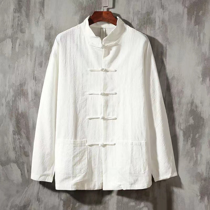 🎲Camisa masculina de manga comprida com fivela retrô de algodão e linho - O Retalho