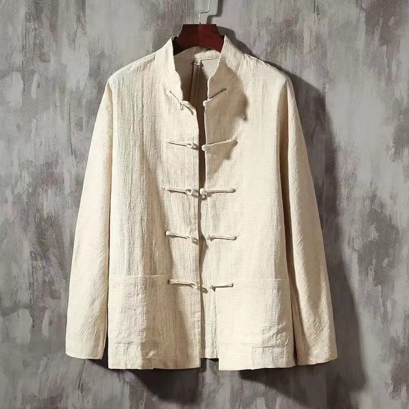 🎲Camisa masculina de manga comprida com fivela retrô de algodão e linho - O Retalho