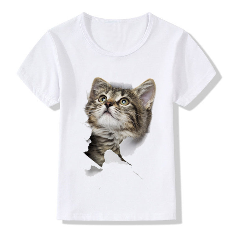 Camiseta infantil casual com estampa 3D de gato de manga curta - O Retalho
