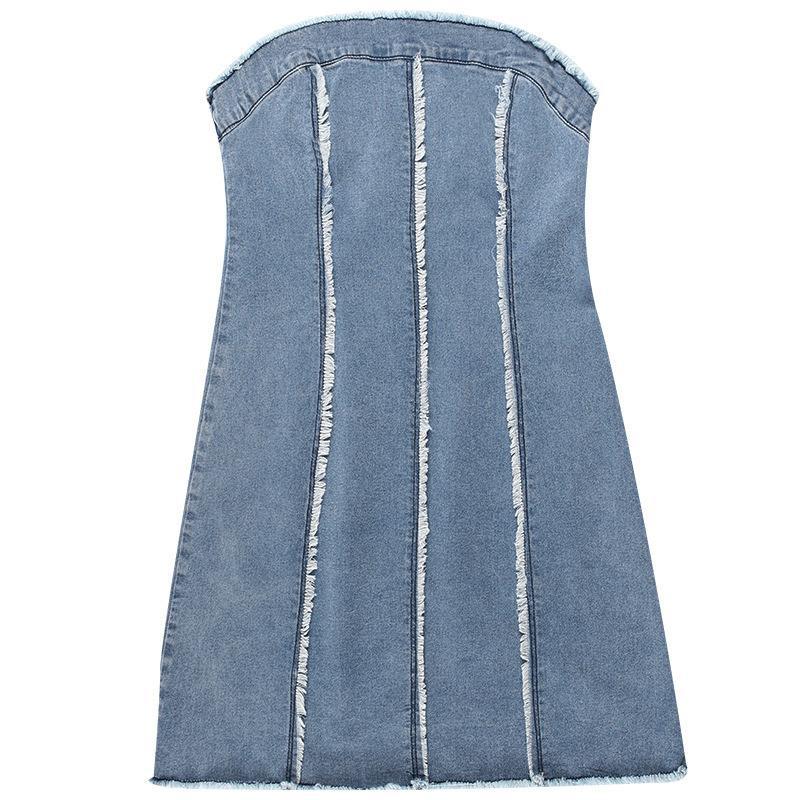 Ripped Wool Tops Denim Tube Top Wrapped Chest Sheath Dress - O Retalho