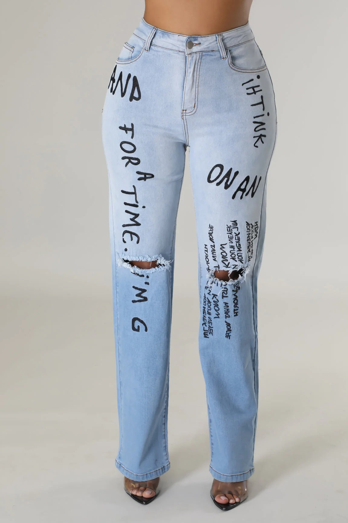 Calças Jeans com estampa de Cintura Alta Feminino - O Retalho