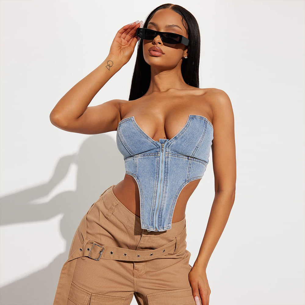 Top de tubo de jeans com zíper irregular - O Retalho