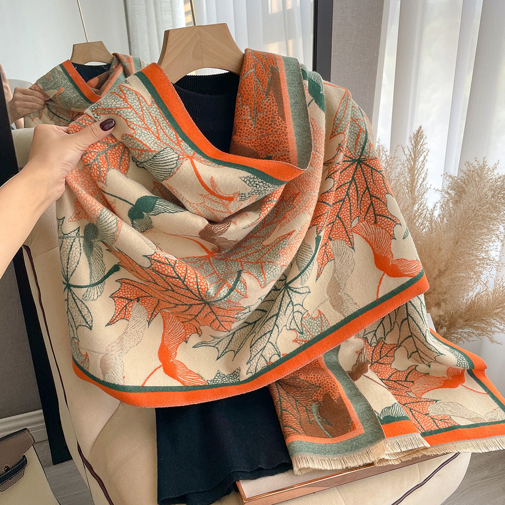 Lenço de Caxemira Artificial - Elegante Estampa de Folhas de Bordo para Mulheres - O Retalho