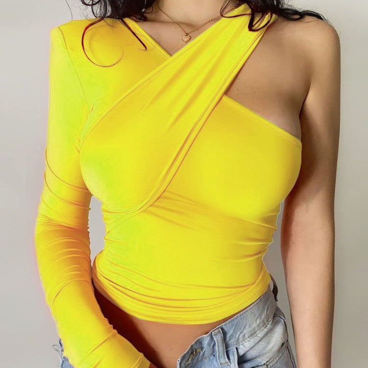 Blusa casual de manga única ombro oblíquo - O Retalho