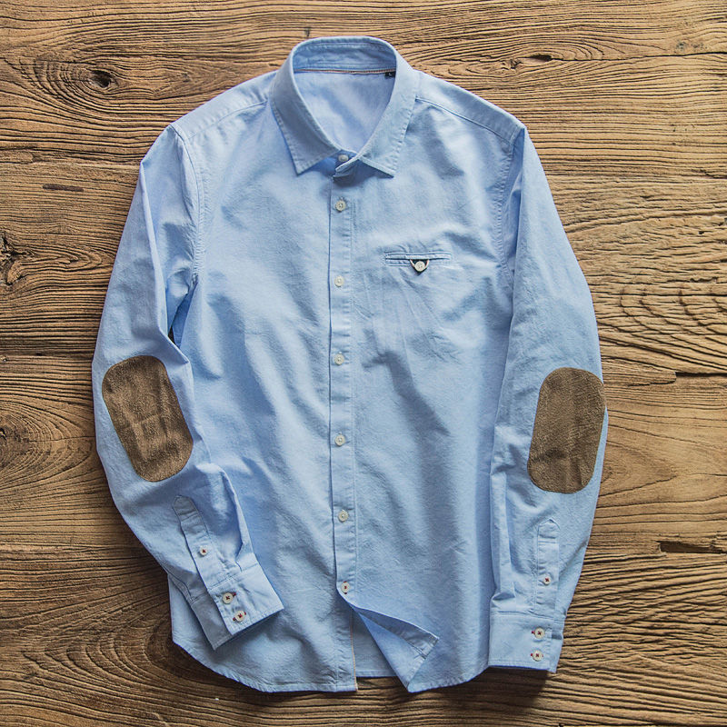 Elbow Patch Long Sleeve Shirt Men's Lapel Japanese-style Retro - O Retalho