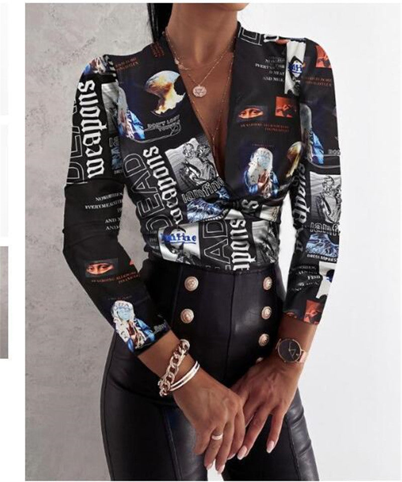 Blusa de manga comprida com decote em V com estampa - O Retalho