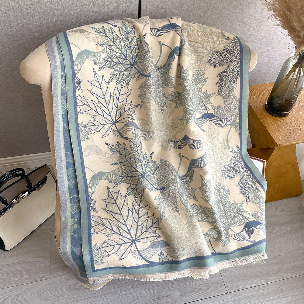 Lenço de Caxemira Artificial - Elegante Estampa de Folhas de Bordo para Mulheres - O Retalho