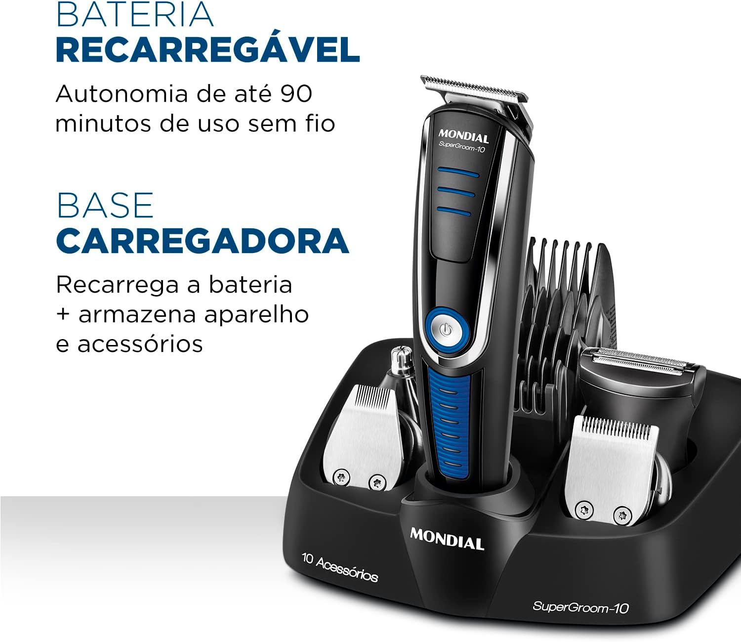 Aparador de Pelos Super Groom 10, Mondial, Preto/Azul, 6W, Bivolt - BG-03 - O Retalho