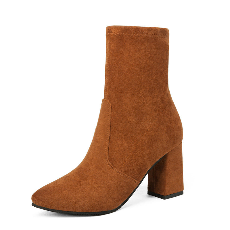 Martin boots women suede pointed high heel thick heel - O Retalho