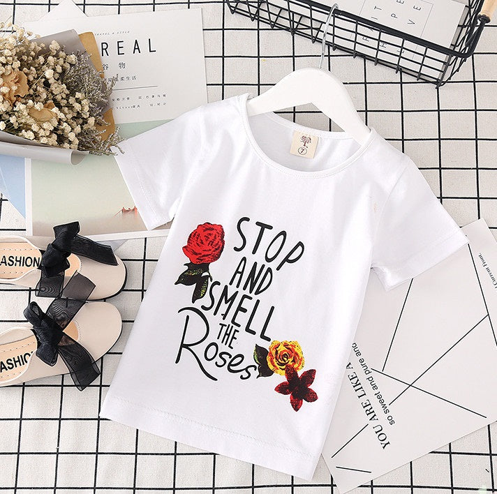 Roupas infantis para meninas camiseta branca, saia jeans - O Retalho
