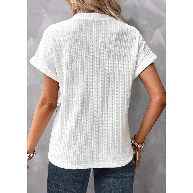 Camiseta Feminina Com Manga Batwing De Cor Sólida E Botão Com Decote Em V - O Retalho