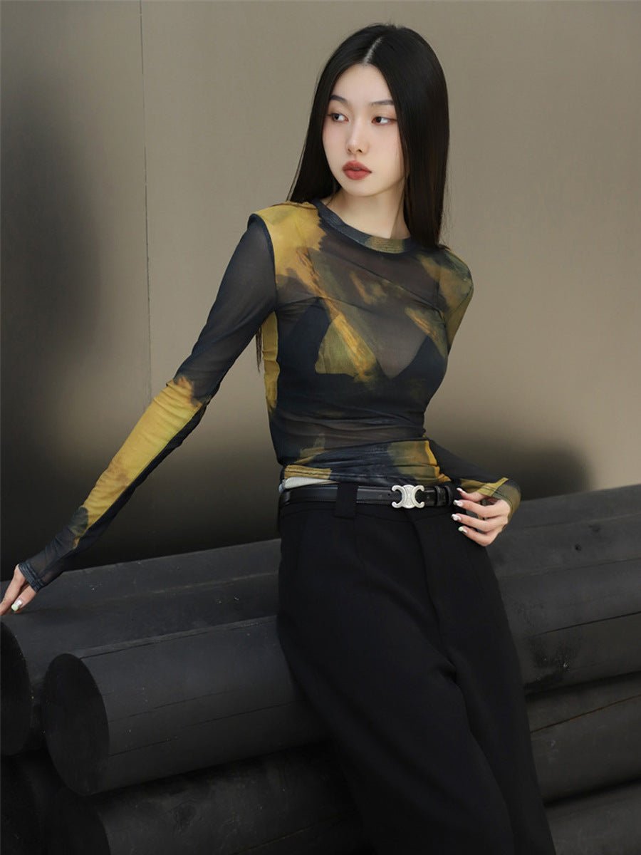 Women's Spaghetti-strap Floral Print Mesh Bottoming Shirt - O Retalho