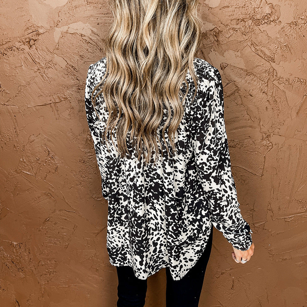 Blusa casual solta com decote em V de manga comprida com estampa - O Retalho