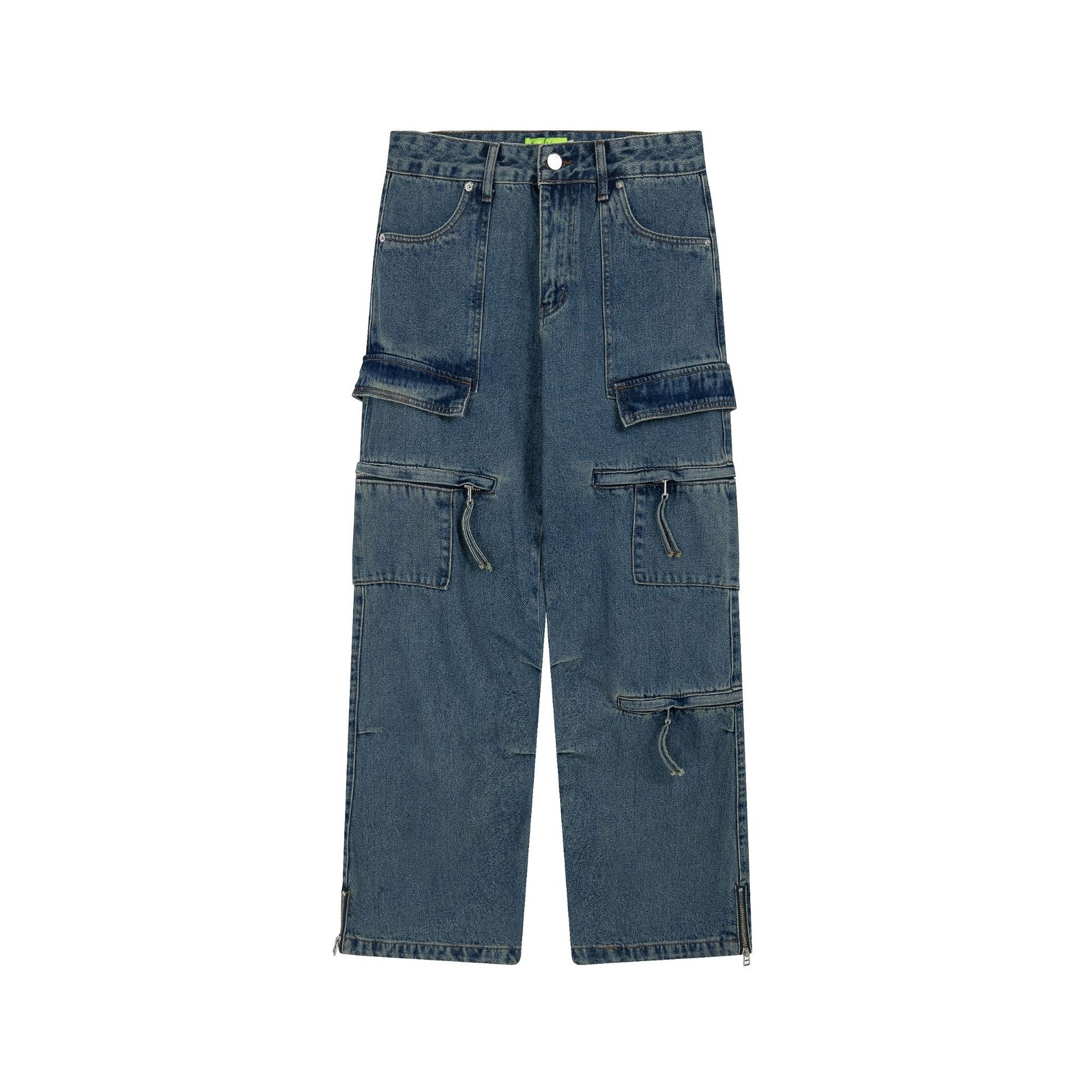 Calças jeans de perna reta com bolso de carga - O Retalho