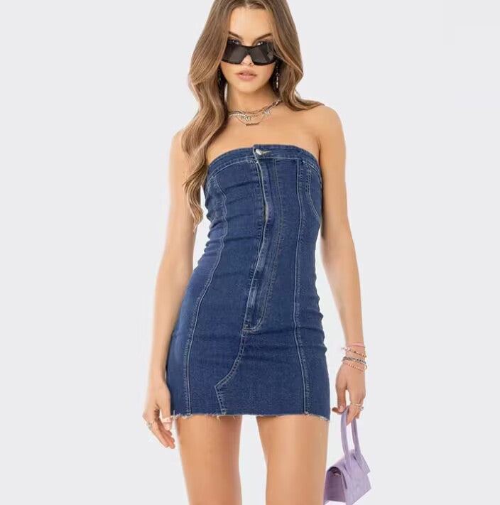 Sexy Slim-fit Tassel Washed Denim Tube Top Dress For Women - O Retalho