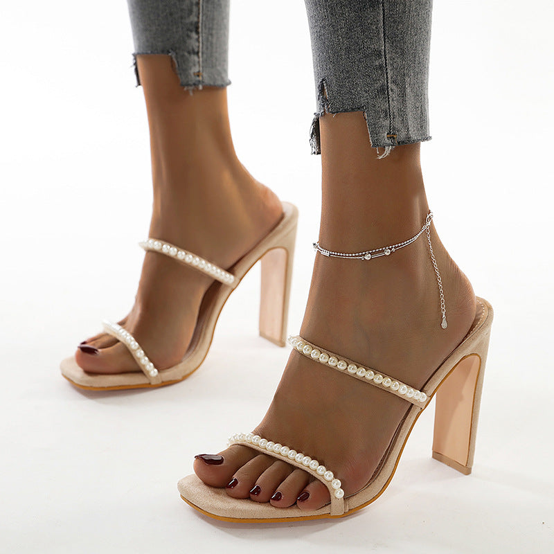 Fashion Beaded High Heel Square Toe Thick Heel Women Slippers - O Retalho