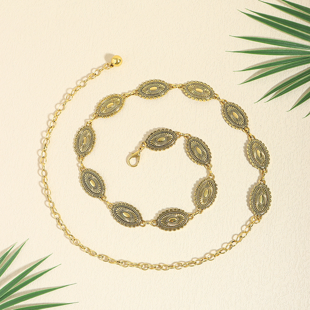 Retro National Style Carved Ancient Gold And Silver Metal Waist Chain Sexy Elegant Women's Dress Senior Sense Decorative Belt - O Retalho