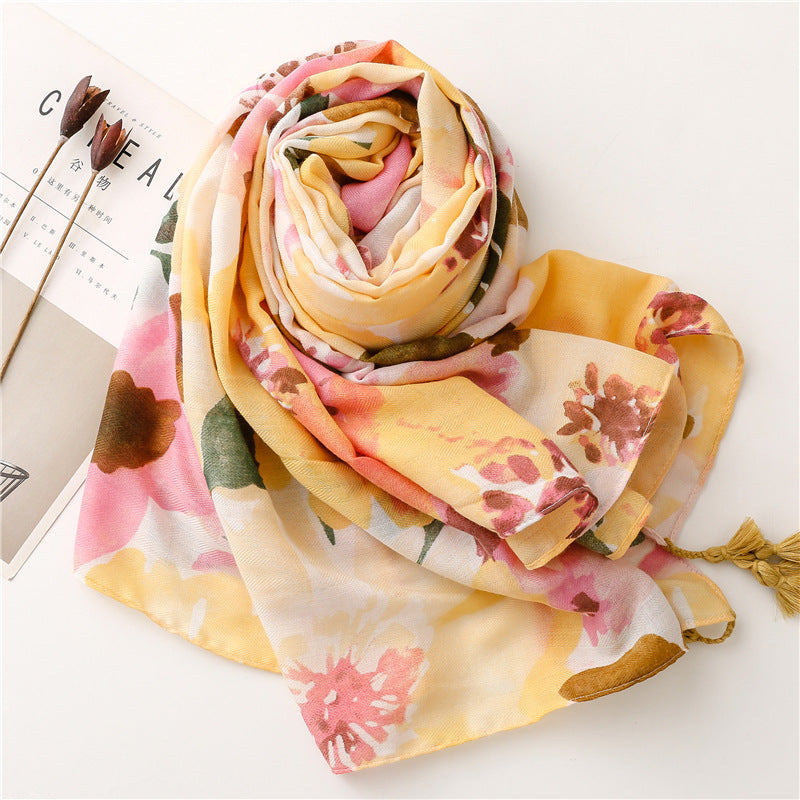 New Blooming Color Cotton And Linen Feel Scarf Soft Shawl - O Retalho