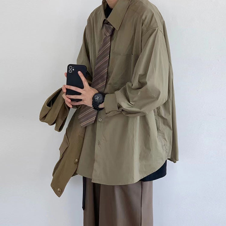 Long Sleeved Shirt Youth Solid Color Versatile Loose Fitting - O Retalho