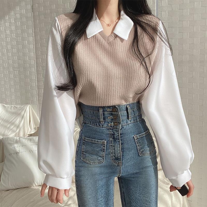 Patchwork Long Sleeve Loose Contrast Color And Versatile Top - O Retalho