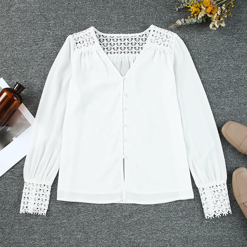 Camisa com decote em V de renda - O Retalho