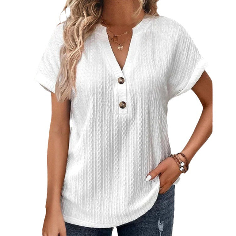 Camiseta Feminina Com Manga Batwing De Cor Sólida E Botão Com Decote Em V - O Retalho