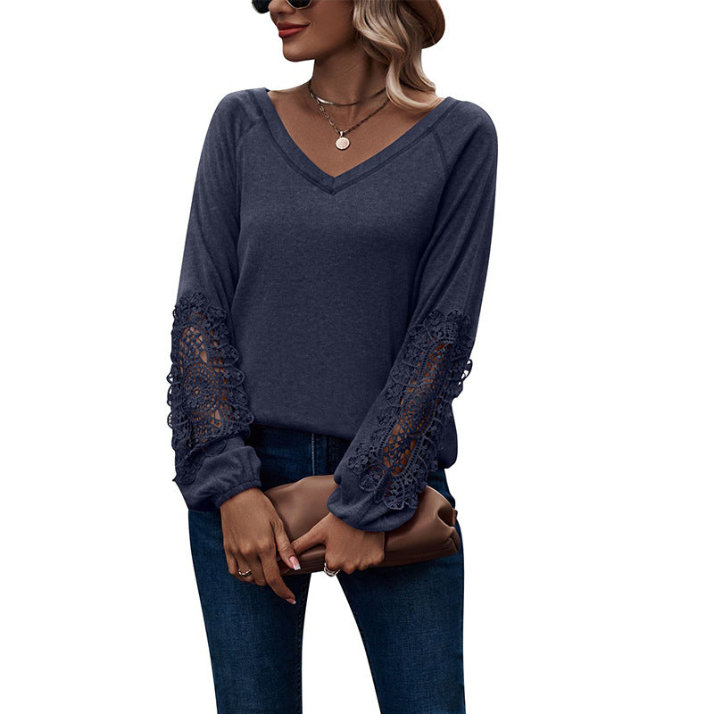 Loose Casual V-neck Lace Lace Long-sleeved - O Retalho