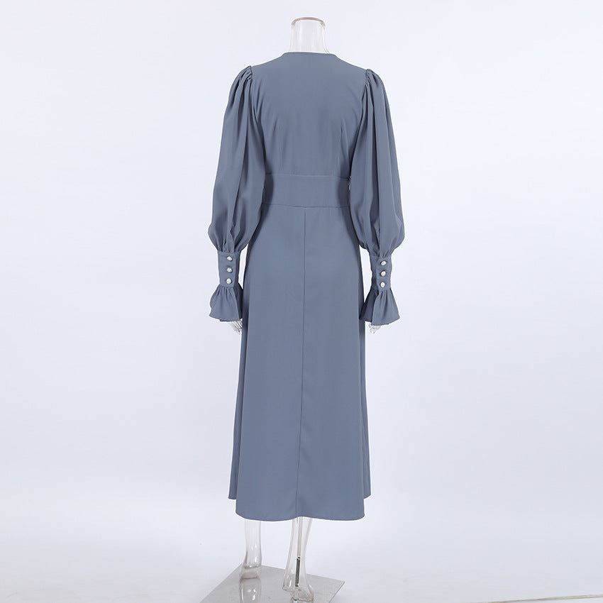 Vestido de Manga Bufante Slim-fit com Decote em V - O Retalho