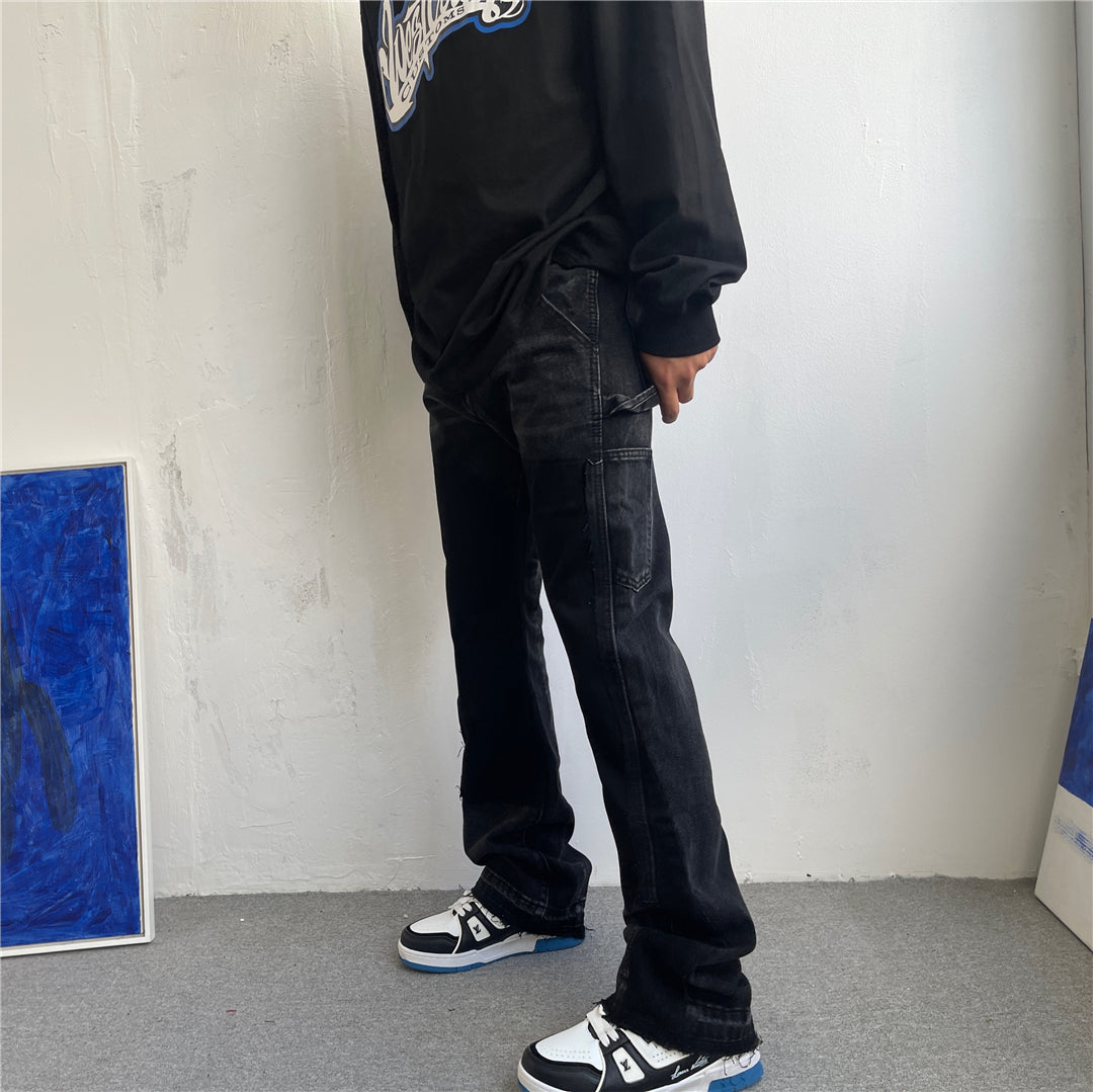 Calças Jeans com Patchwork Micro Flare e Barra Desfiada - O Retalho