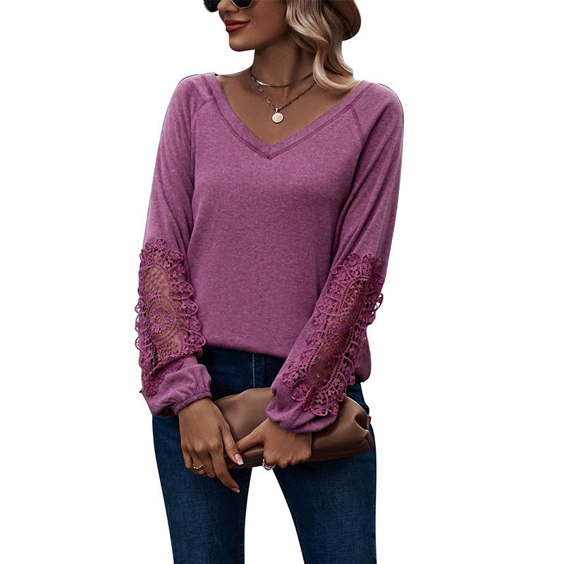 Loose Casual V-neck Lace Lace Long-sleeved - O Retalho