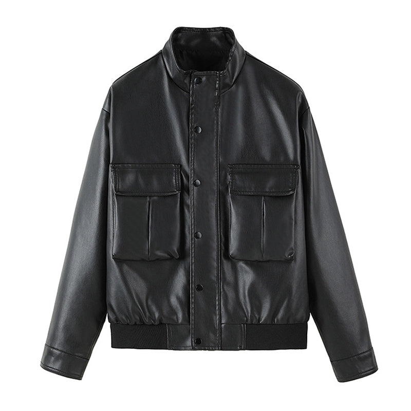 Jaqueta de Couro PU Masculina com Zíper e Bolsos - O Retalho