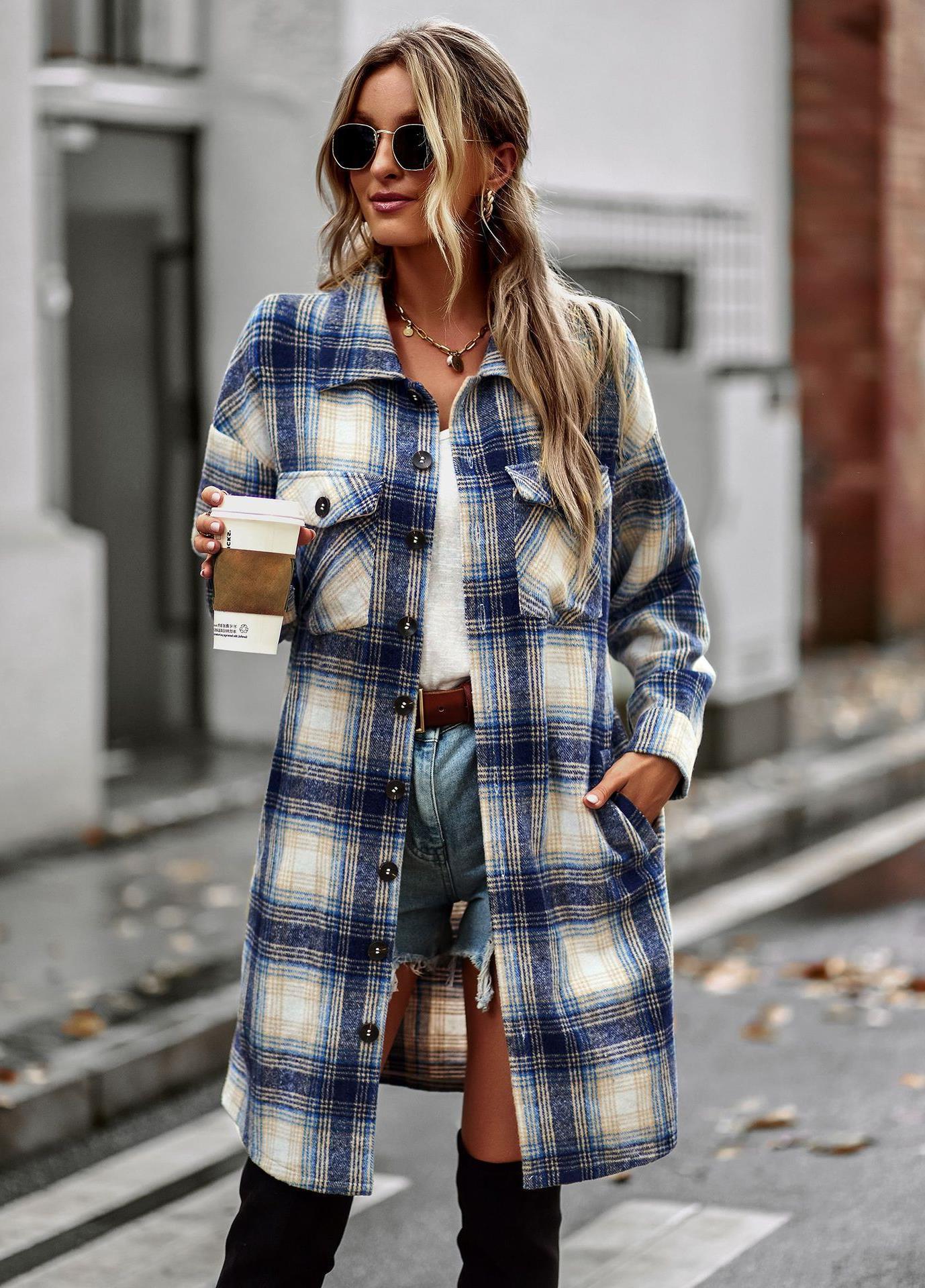 Temperament Leisure Long Plaid Tup Cardigan Coat - O Retalho