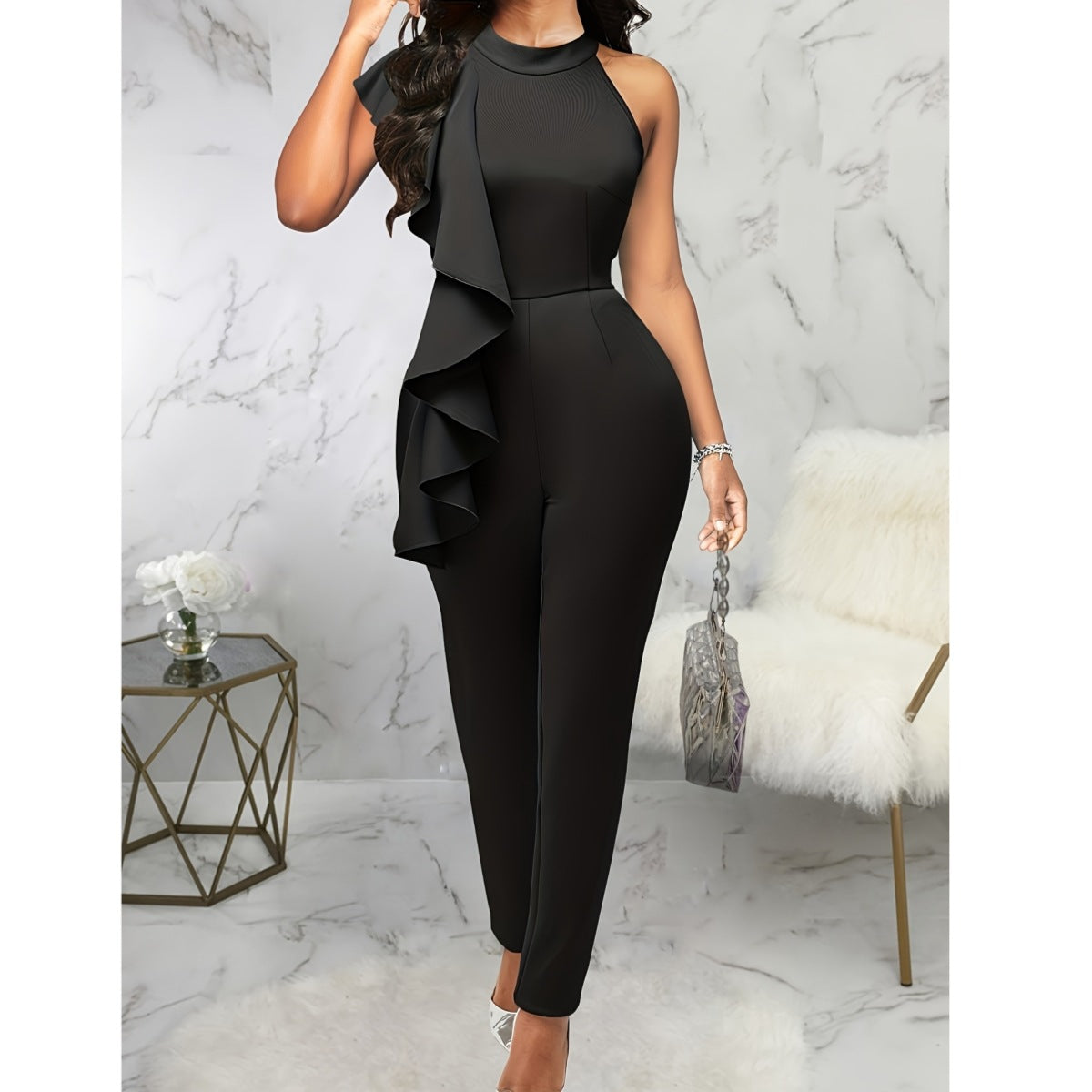 Women's Summer Casual Pure Color Ruffles Sleeveless Jumpsuit