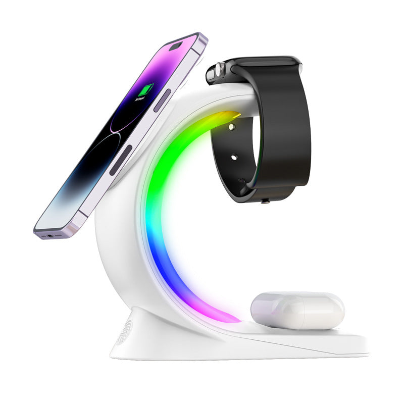 Carregador magnético 4 em 1 sem fio, carregamento rápido para smartphone, estação de carregamento com luz atmosférica para airpods pro, i-phone watch - O Retalho