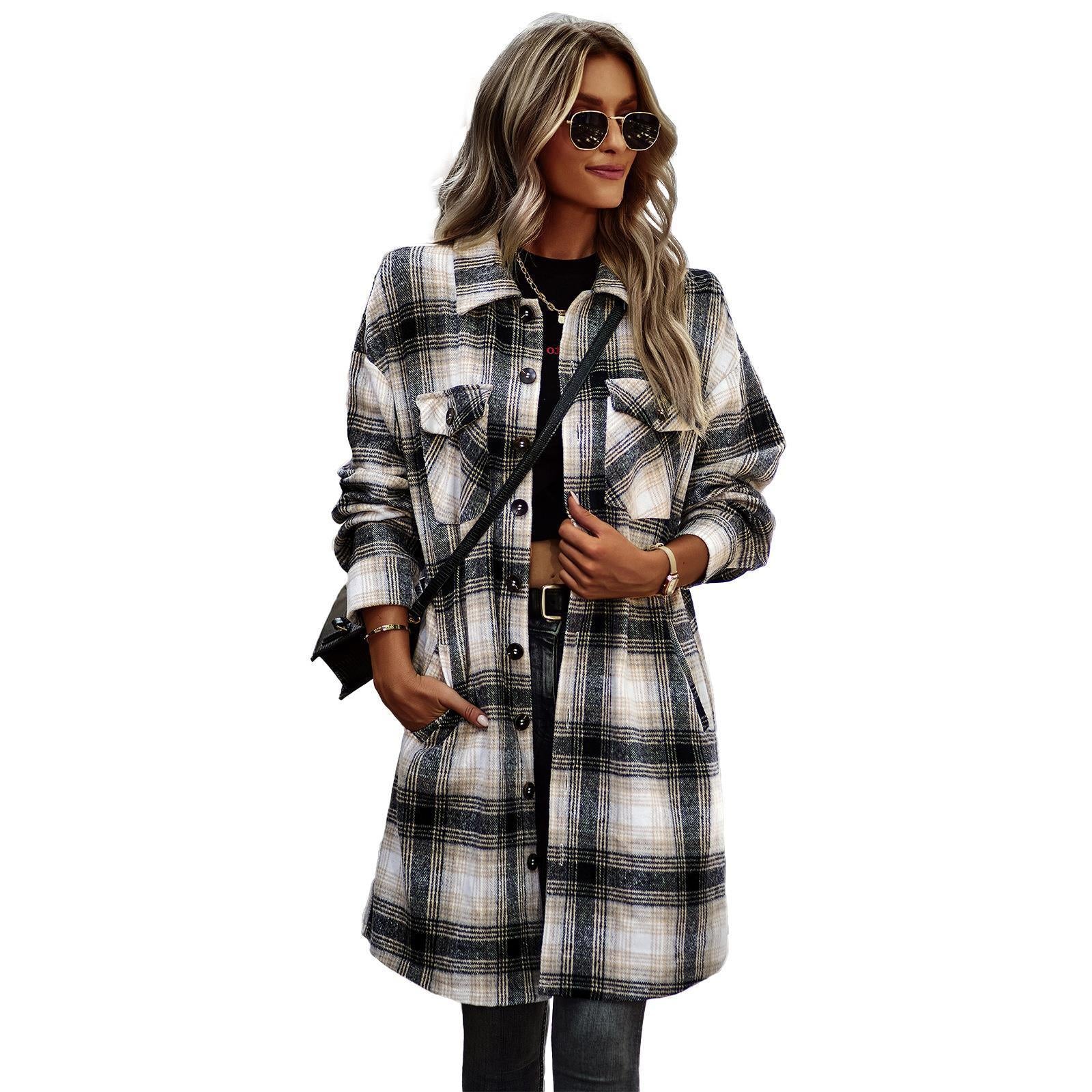 Temperament Leisure Long Plaid Tup Cardigan Coat - O Retalho
