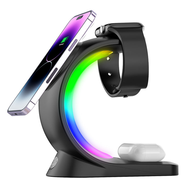 Carregador magnético 4 em 1 sem fio, carregamento rápido para smartphone, estação de carregamento com luz atmosférica para airpods pro, i-phone watch - O Retalho