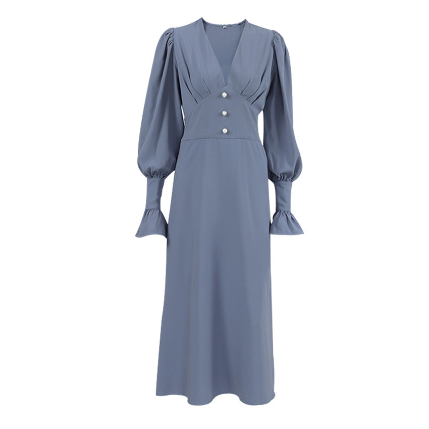 Vestido de Manga Bufante Slim-fit com Decote em V - O Retalho