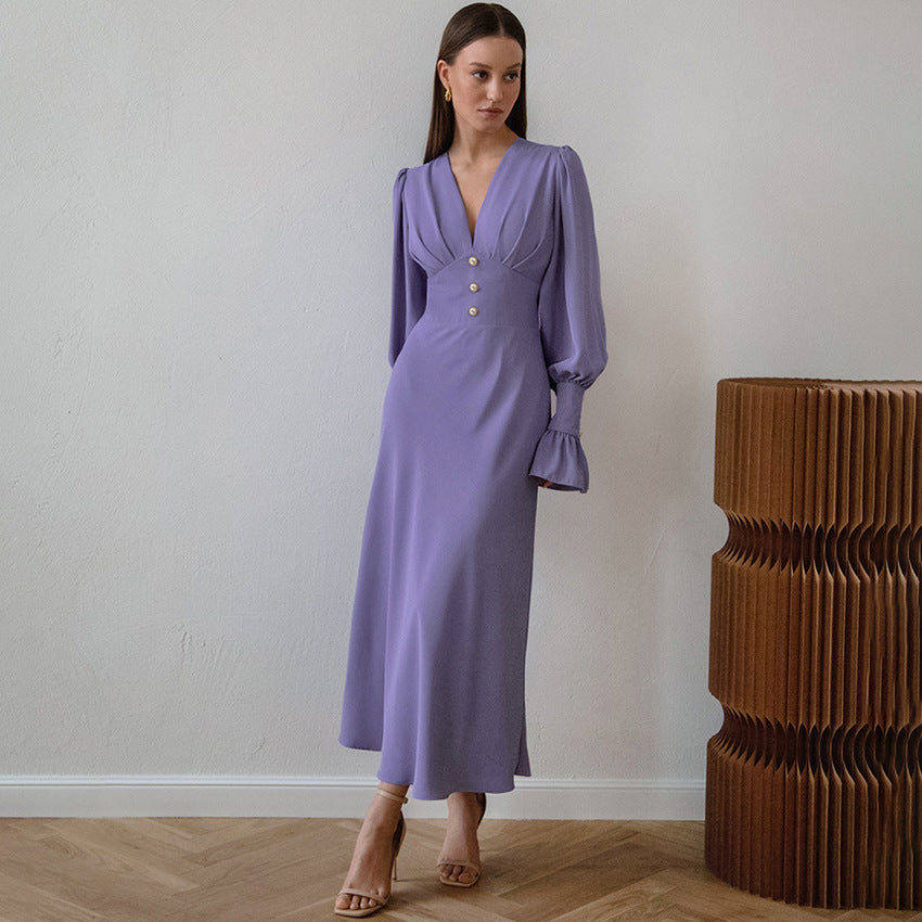 Vestido de Manga Bufante Slim-fit com Decote em V - O Retalho
