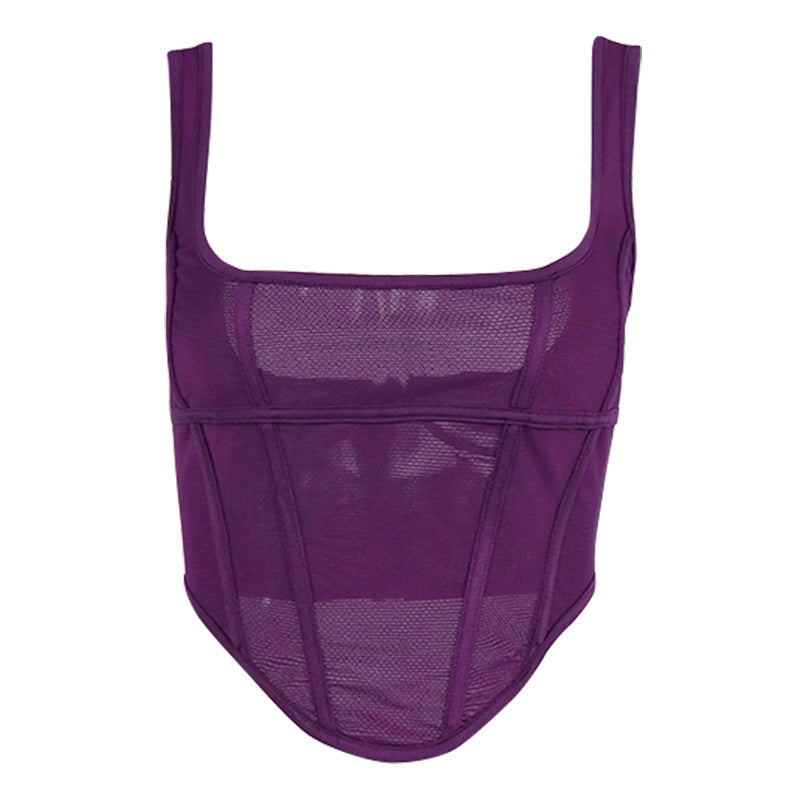 Women's Fashion Solid Color Fishbone Mesh See-through Square Collar Short Top - O Retalho