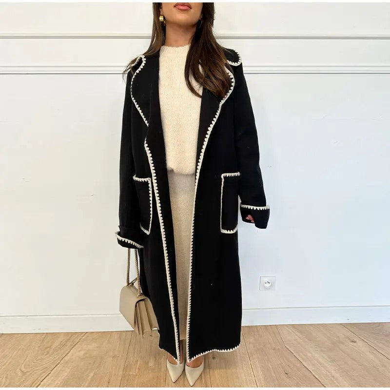 Women's Fashionable Warm Long-sleeved Lapel Woolen Lace-up Coat - O Retalho