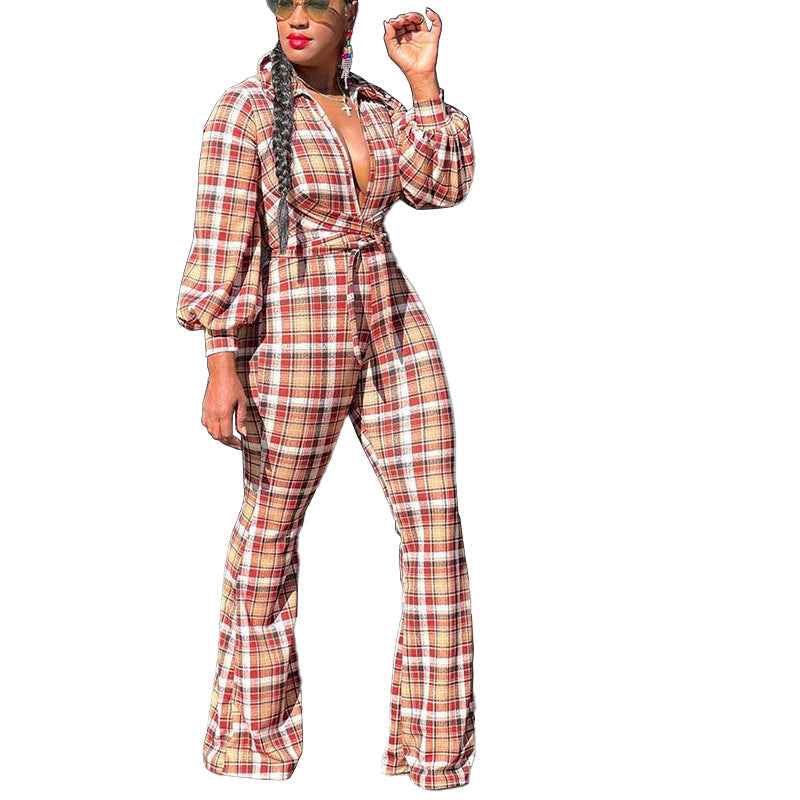 Macacão feminino estampado xadrez de mangas longas. - O Retalho