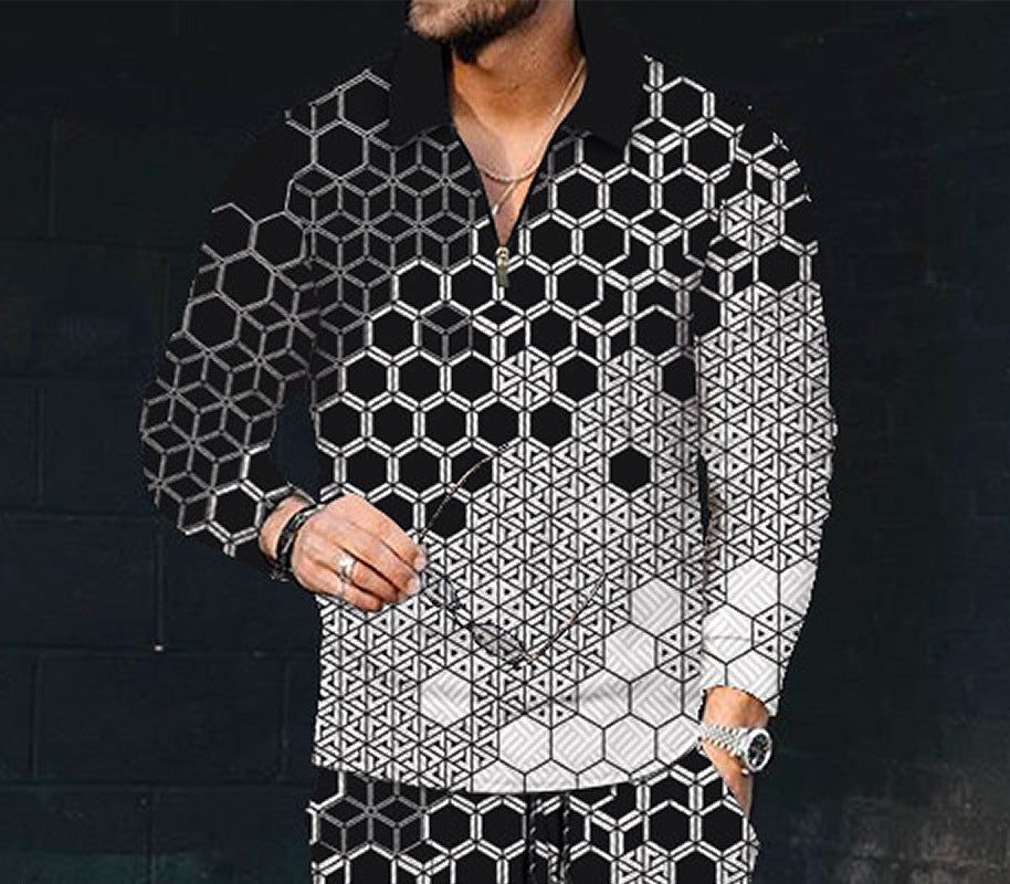 European And American Men's Printing Lapel Long Sleeve - O Retalho
