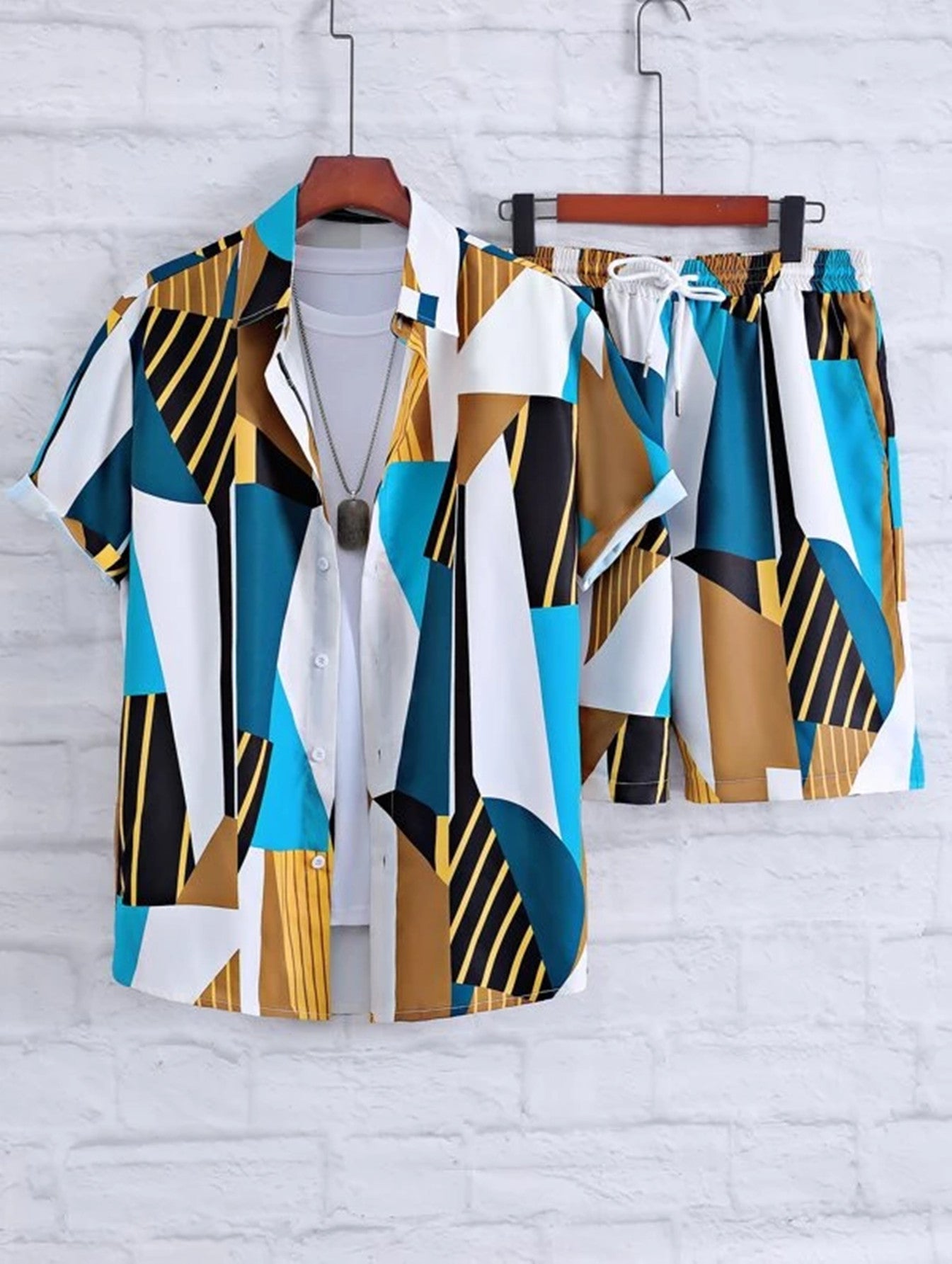 Camisa Masculina Casual Manga solta e curta com Shorts, Fato da praia - O Retalho