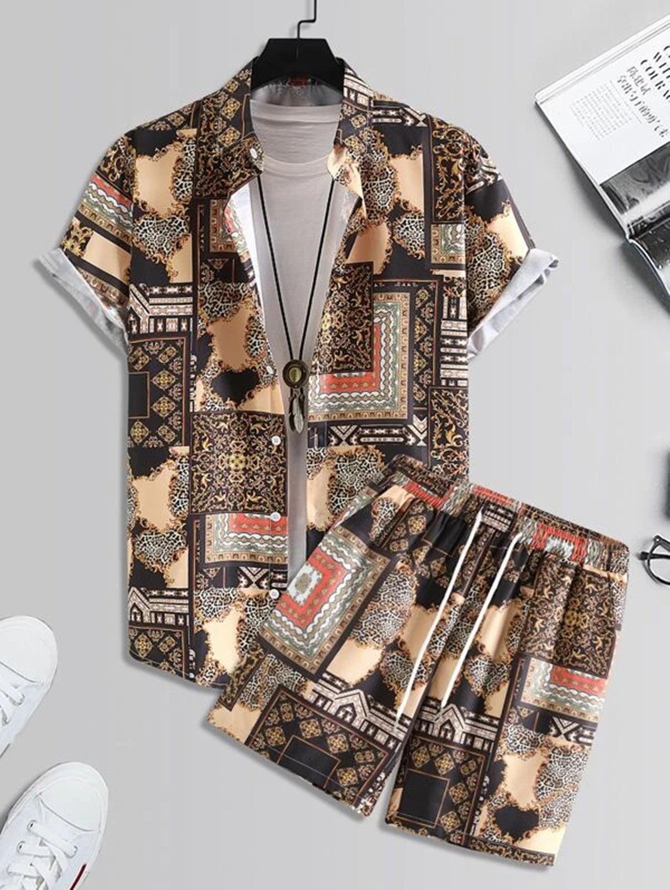 Camisa Masculina Casual Manga solta e curta com Shorts, Fato da praia - O Retalho