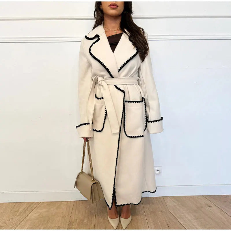 Women's Fashionable Warm Long-sleeved Lapel Woolen Lace-up Coat - O Retalho